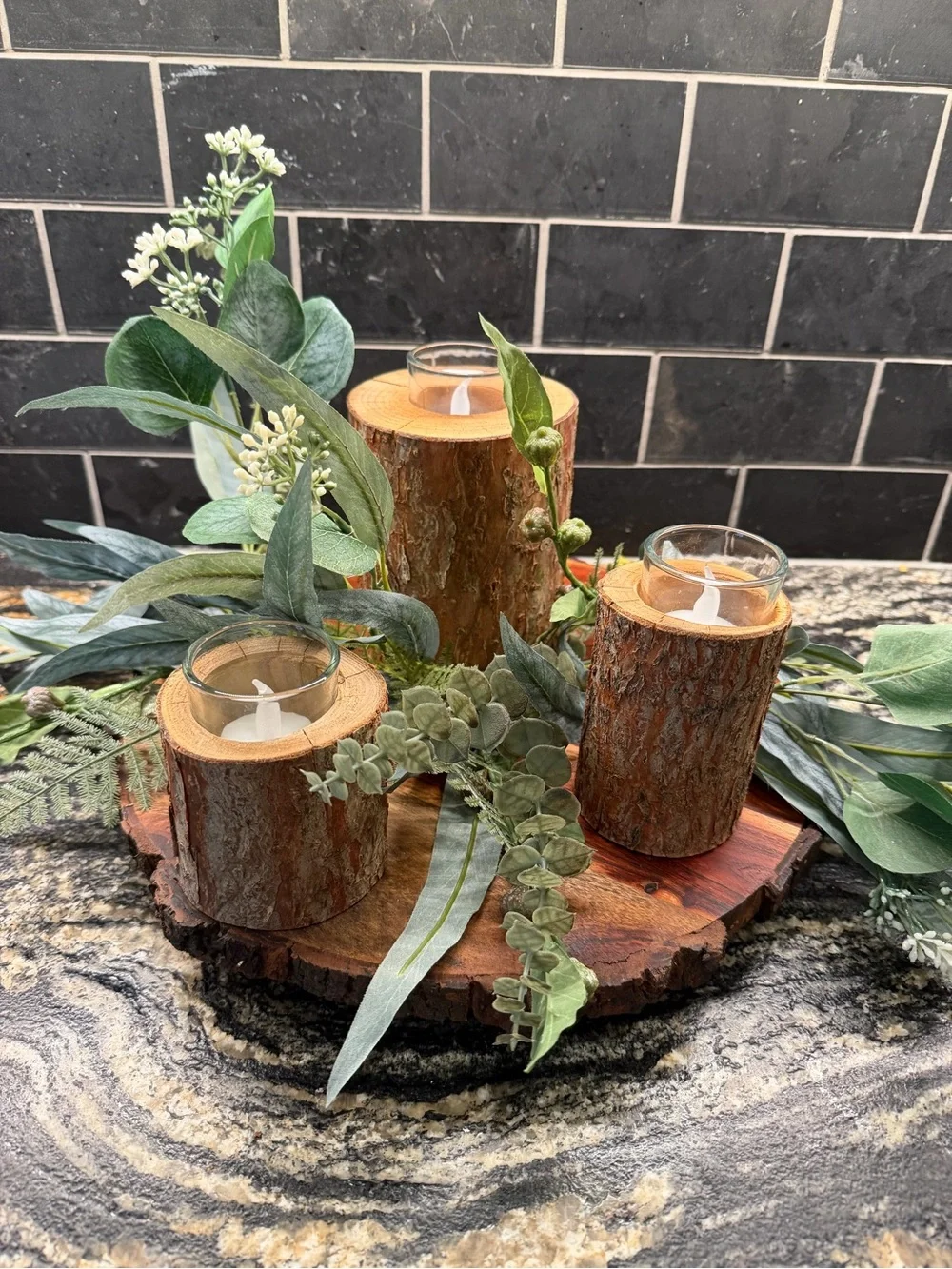 Rustic Lodge Cabin Wood Bark Votive Candle Holders - Natural Brown Centerpiece - Picture 15 of 15